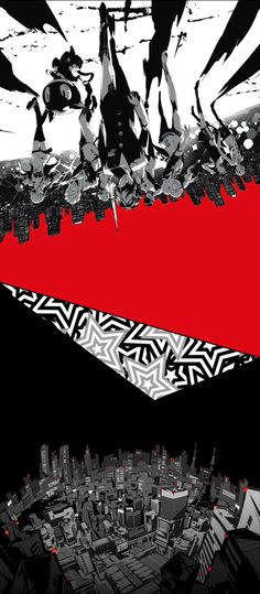 an abstract painting with black and white lines, red background, and cityscape