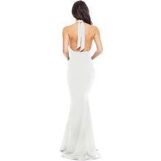 You'll feel glamorous and confident in this figure-skimming ensemble. Camden features a daring deep V-neck and a sultry open back. The halter neck ties in the back, accentuating your figure. The floor-length mermaid skirt skims the floor while the rest of the dress hugs every curve, recreating Old-Hollywood-style opulence. Elegant Backless Maxi Dress With Sweep Train, Chic Backless Prom Gown, Backless Mermaid Dress For Prom Season, Backless Evening Gown With Sweep Train, Backless Mermaid Dress For Prom, Formal Backless Gown With Corset Back, Wedding Halter Dress With Back Opening, Floor-length Evening Dress With Keyhole Back For Prom, Elegant Floor-length Mermaid Dress With Corset Back