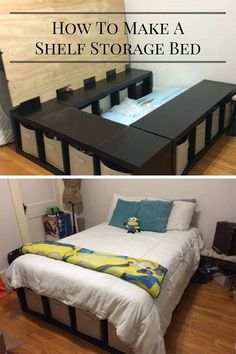 there are two pictures of a bed with storage underneath it and below the bed is an image of a shelf that has been placed on top