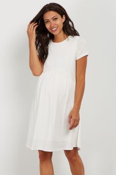 Ivory Solid Crochet Trim Maternity Shift Dress Modest Short Sleeve Maternity Dress, White Nursing Friendly Maternity Dress, Modest Short Sleeve Maternity Dress For Summer, Summer Maternity Dress With Lace Trim, Fitted Summer Maternity Dress With Lace Trim, White Nursing Friendly Dress, Spring Maternity Dresses With Lace Trim, White Maternity Dress Nursing Friendly, Fitted Cream Maternity Dress