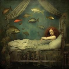 a painting of a woman laying on top of a bed with fish flying around her