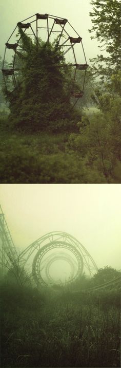 two pictures of an abandoned roller coaster in the fog and grass with trees around it