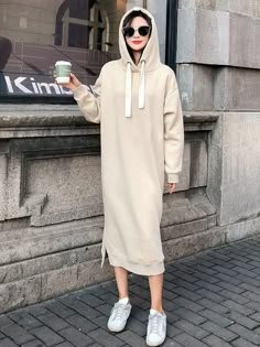 Loose Split-side Hoodie Long Dress – uoozee Hoodie Dress Outfit, Winter Vacation Outfits, Hooded Sweatshirt Dress, Sleeveless Short Dress, Urban Looks, Long Shirt Dress, Fashion Seasons, Trendy Tops, Sweatshirt Dress