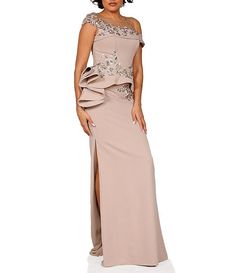 Terani Couture Off-the-Shoulder Bodice Applique Ruffled Peplum Gown | Dillard's Floor-length Ruffled Off Shoulder Evening Dress, Floor-length Off Shoulder Ruffle Dress For Evening, Elegant Off-shoulder Floor-length Dress With Ruffles, Elegant Floor-length Off Shoulder Dress With Ruffles, Elegant Off Shoulder Floor-length Dress With Ruffles, Off-shoulder Evening Dress With Ruffled Fitted Bodice, Off-shoulder Ruffled Evening Dress With Fitted Bodice, Glamorous Off-shoulder Gown With Ruffles, Evening Gown With Ruffles And Short Sleeves