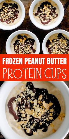 chocolate peanut butter protein cups in white bowls with text overlay that reads frozen peanut butter protein cups