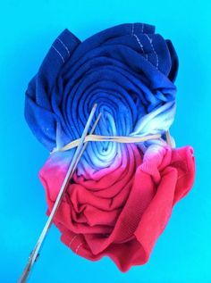 a blue and red flower with two needles sticking out of it