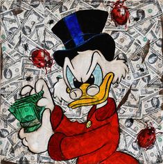 a drawing of donald the duck holding money