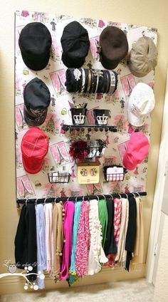 a rack with hats and scarves hanging on it