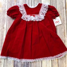 Vintage Red Velour Dress Made In Usa 24m Nwt But Has Creases In Velour From Storage Red Cotton Holiday Dress, Red Lace Trim Dress For Dress-up, Red Dress With Lace Trim For Dress-up, Cute Fitted Red Holiday Dress, Red Short Sleeve Winter Dresses, Childhood Clothes, Vintage Christmas Dress, Vintage Toddler Dress, Toddler Christmas Outfit