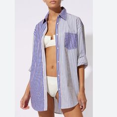 A Patchwork Design And Blue Stripes Draw The Eye To This Charming Solid & Striped Button-Down Shirt. Wear It With Your Bikini, Or Just A Simple Pair Of Cutoffs. Fabric: Lightweight, Non-Stretch Oxford Shirting Colorblock Stripe Pattern Collared Neck And Button Placket Long Sleeves With Button Cuffs Curved Hem Patch Breast Pocket Shell: 100% Cotton Seersucker Top, Midnight Blue Color, Solid And Striped, Free Spirit Style, Striped Long Sleeve Shirt, Solid & Striped, Patchwork Designs, Favorite Jeans, Striped Shirt