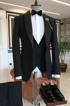 Antoine Gentle Black Shawl Lapel Three Pieces Wedding Suits Lapel Wedding, Groom Tuxedo Wedding, Men's Business Suits, Suits Men Business, Wedding Suits Groom, Black Shawl, Dress Suits For Men, Suit Material, Code Black