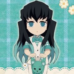 an anime character with long black hair holding a teddy bear