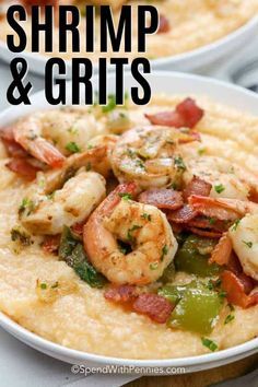 shrimp and grits in a white bowl with bacon on top