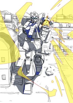 a drawing of a large robot standing in the middle of a city with yellow and blue lines