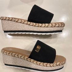 Women’s Platform Espadrilles Wedge Slippers. Size 7.5 Black. New Without Tags Black Casual Wedge Sandals With Round Toe, Black Round Toe Wedge Sandals, Casual Black Wedge Sandals With Round Toe, Comfortable Black Wedge Sandals, Black Round Toe Casual Wedge Sandals, Black Platform Wedge Sandals For Beach, Comfortable Black Wedge Sandals For Beach, Black Wedge Sandals For Beach And Spring, Black Wedge Sandals For Beach In Spring