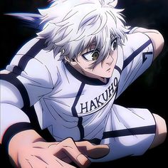 an anime character with white hair wearing a baseball uniform and pointing his finger at the camera