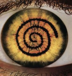 an eye with yellow and black swirls on it's iris, looking into the camera