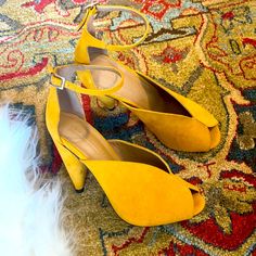 Never Worn Yellow High Heels From Asos #Boho #Funky Bold Open Toe Heels For Spring, Bold Ankle Strap Heels For Spring, Bold Stacked Heel Spring Heels, Spring Bold Heels With Stacked Heel, Bold Spring Heels With Stacked Heel, Bold Stacked Heel Heels For Spring, Chic Open Heel Heels For Fall, Yellow Suede Heels For Spring, Spring Yellow Suede Heels