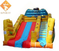 an inflatable water slide is shown with the words spirit above it