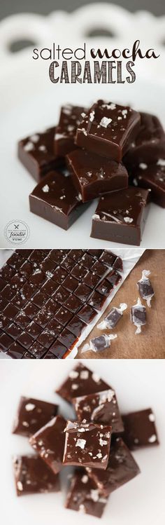 chocolate caramels cut into squares and placed on a cutting board with the words salted mecha caramels