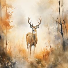 a painting of a deer standing in the woods