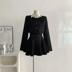 Voguable  Y2K 3 Piece Set Women Cropped Coat + Long Sleeve Shirt + High Waist Halter Ruffles Mini Dress Korean Chic Fashion Sexy Outfits voguable Spring Coat Outfit, Short Knit Dress, Women Silhouette, 2023 Clothing, Cropped Coat, Dress Korean, Middle Age Fashion, Autumn 2023, Solid Color Dress