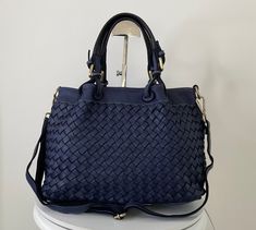 "Navy blue Woven Leather Bag, Soft Woven Handbag, Leather Tote Woman, Handmade Shoulder Bag, Large Tote Bag, Modern Leather Crossbody Bag, Elow comes in two versions, LARGE: W 15\" x H 11.4\" x D 7.1\"  &  SMALL: W 13\" x H 10\" x D 6\". Handle drop: 4\" This bag has made by our italian partner and customizable by our team. We offer one free monogram or name personalization. Please check fonts, color thread, tag samples and leave your monogram or name to embroider. Features: Inside: The bag clos Cheap Blue Woven Shoulder Bag, Navy Shoulder Bag With Detachable Top Handle, Navy Top Handle Shoulder Bag With Detachable Handle, Navy Top Handle Shoulder Bag, Navy Tote Shoulder Bag With Top Carry Handle, Navy Bag With Detachable Double Handle, Navy Bags With Detachable Double Handle, Navy Bag With Top Handle, Navy Top Handle Satchel