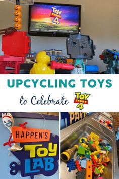 toys are displayed in front of a television and the words upcycling toys to celebrate