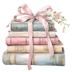 a stack of books with a pink ribbon tied around it and flowers on each book