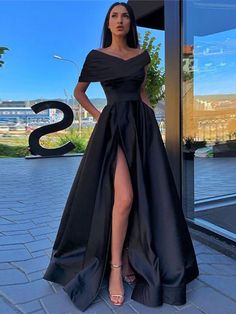 A-Line Prom Dresses Little Black Dress Dress Formal Floor Length Short Sleeve Off Shoulder Satin with Ruched Slit 2023 2023 - US $126.99 Black Satin Prom Dress, Sukienki Plus Size, Modest Prom, Burgundy Bridesmaid, Prom Dresses With Pockets, Spaghetti Strap Prom Dress, Satin Evening Dresses, Evening Dress Floor Length, Burgundy Prom Dress