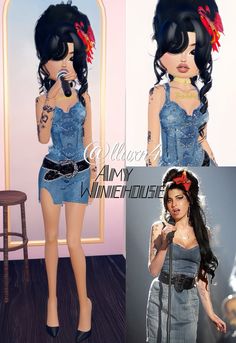 two pictures of a woman with long hair and tattoos on her face, wearing a denim dress