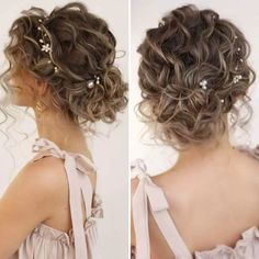 two pictures of the back of a woman's head with curly hair and flowers in her hair