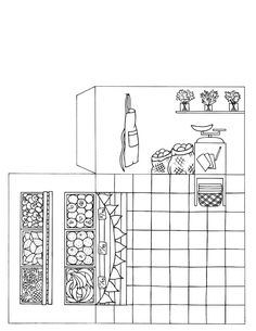 a black and white drawing of a kitchen