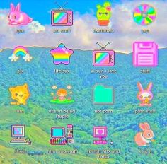 an image of a computer screen with many different things on it, including animals and rainbows