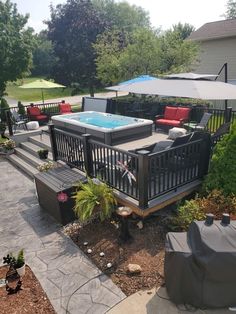 an above ground pool surrounded by patio furniture