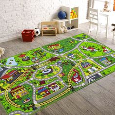 a child's play area with toy cars and trucks on the rug in front of a white brick wall