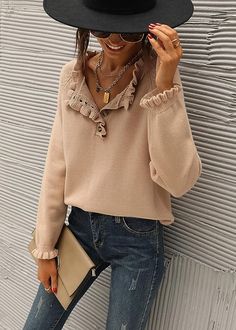 Button Down Crew Neck Ruffle Knit Pullover Sweater Tops Fall Inspo Fall Outfits Fall Outfit One Shoulder Dress Long, Rush Dresses, Sweater Tops, Trendy Sweaters, Women's Sweaters, Neck Ruffle, Knit Pullover, Casual Sweaters