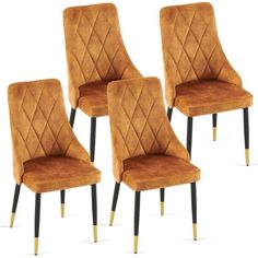 three brown velvet dining chairs with gold metal legs and diamond quilted upholstered backrests