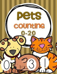 a group of cats and dogs sitting next to each other in front of a sign that says pets counting 0 - 20