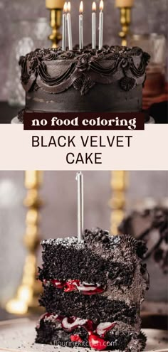 black velvet cake with piped black frosting and silver candles and a bright red cherry filling Cherry Cake Filling, Black Velvet Cake Recipe, 70th Birthday Cake Ideas, Chocolate Velvet Cake, Red Velvet Chocolate Cake, Dark Cake, 28th Birthday Ideas