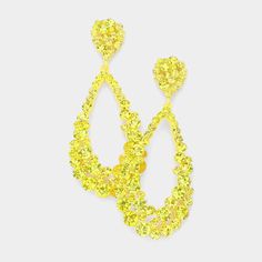 These Big Yellow Crystal Pageant Hoop Earrings are a unique and eye-catching addition to your jewelry collection. They feature yellow crystal embellishments on a same colored yellow backing, and measure 1.5" in width and 3.75" in length. The earrings come with a post back closure for added security. Make a bold statement with these glamorous crystal hoop earrings. Luxury Yellow Statement Earrings, Luxury Statement Yellow Earrings, Luxury Yellow Drop Earrings, Luxury 22k Yellow Gold Chandelier Earrings, Luxury Yellow Gold Chandelier Earrings, Yellow Statement Earrings, Pink Statement Earrings, Pageant Earrings, Long Chandelier