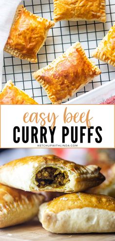 easy beef and cheese puffs with text overlay that says easy beef and curry puffs