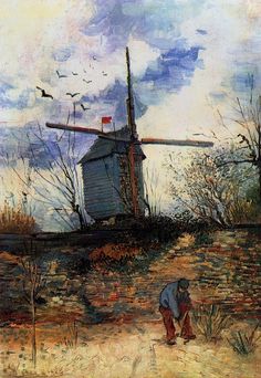 a painting of a man standing next to a windmill