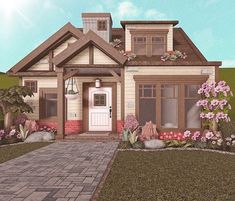 this is an artist's rendering of a house with flowers and plants on the front