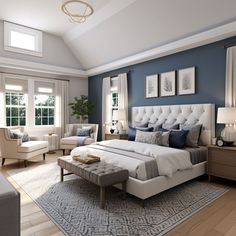 a bedroom with blue walls and white furniture