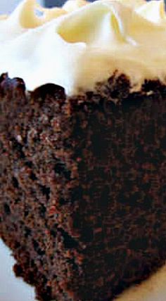 a piece of chocolate cake with white frosting