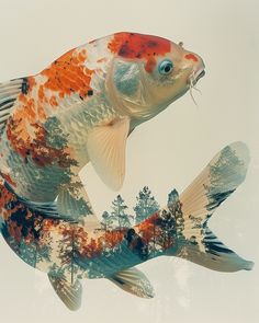 an orange and white koi fish with trees in the backgrouds on it's side