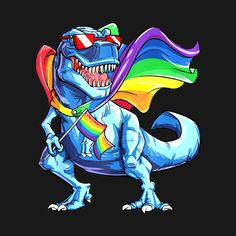 a t - shirt with an image of a dinosaur holding a rainbow flag in its mouth