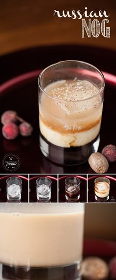 a glass filled with liquid sitting on top of a table next to nuts and berries