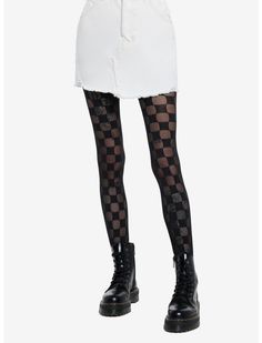 Black Checkered Tights | Hot Topic Edgy Black Winter Tights, Edgy Black Tights For Fall, Black Thigh High Tights In Grunge Style, Checkered Tights, Goth Staples, Checkerboard Outfit, Funky Tights, Cutesy Outfit, Pattern Tights